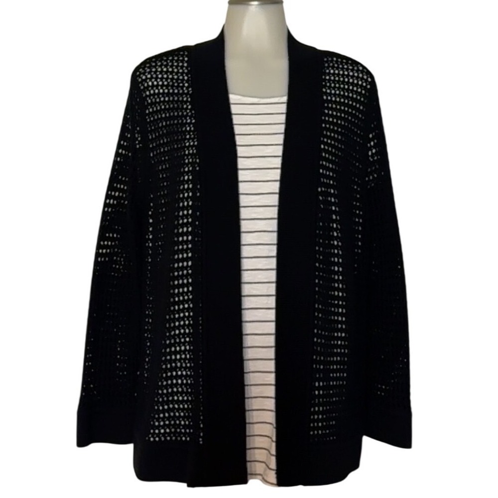 Kasper Black Open-Front Mesh Cardigan
